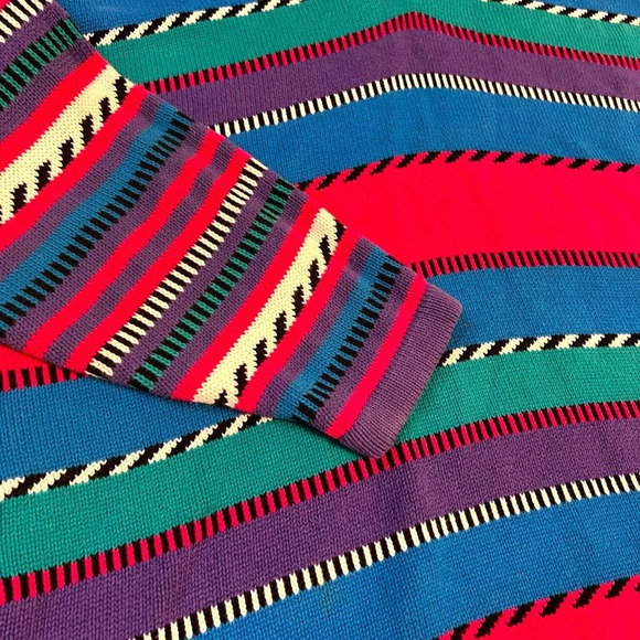 Vintage 80s Private Eyes Cotton Sweater | Bold Stripes V-Neck | Size L - Picture 2 of 6